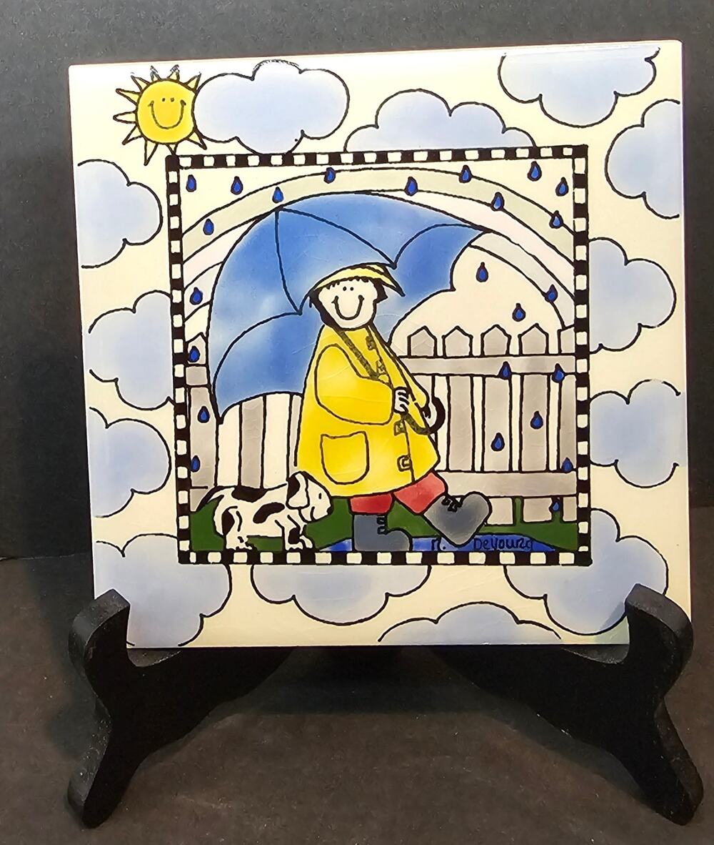 H&R Johnson Tiles Art TileTrivet 6 X 6 In Child in Rain Ceramic Signed